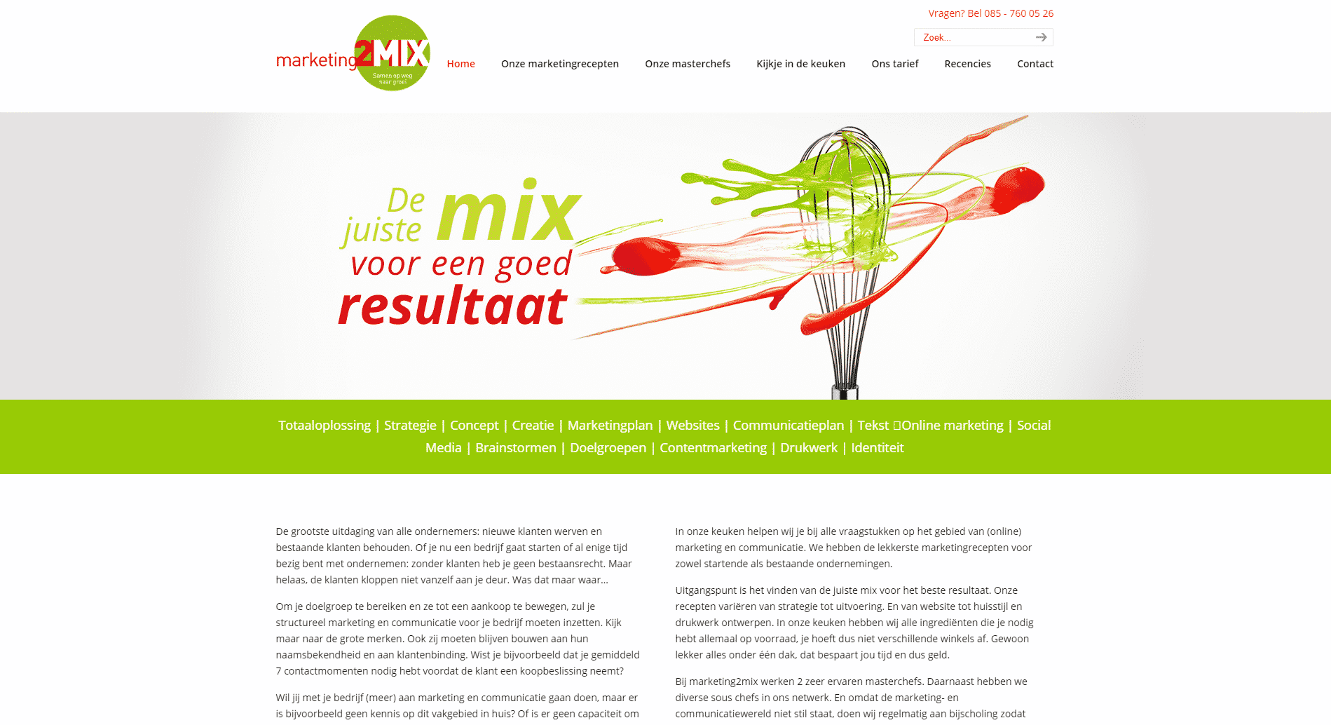 De voorpagina van de website marketing2mix die galileo academy heeft gemaakt