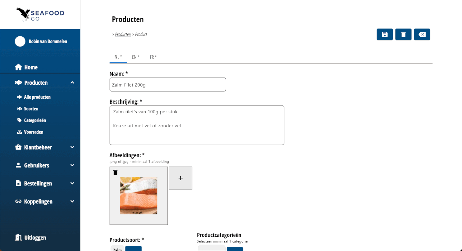 screenshot van de interface van Seafood Go
